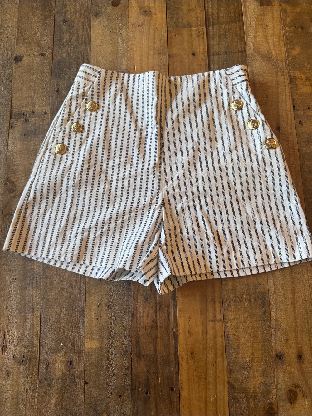 Zara Striped High-Waist Shorts - White & Navy with Gold Buttons